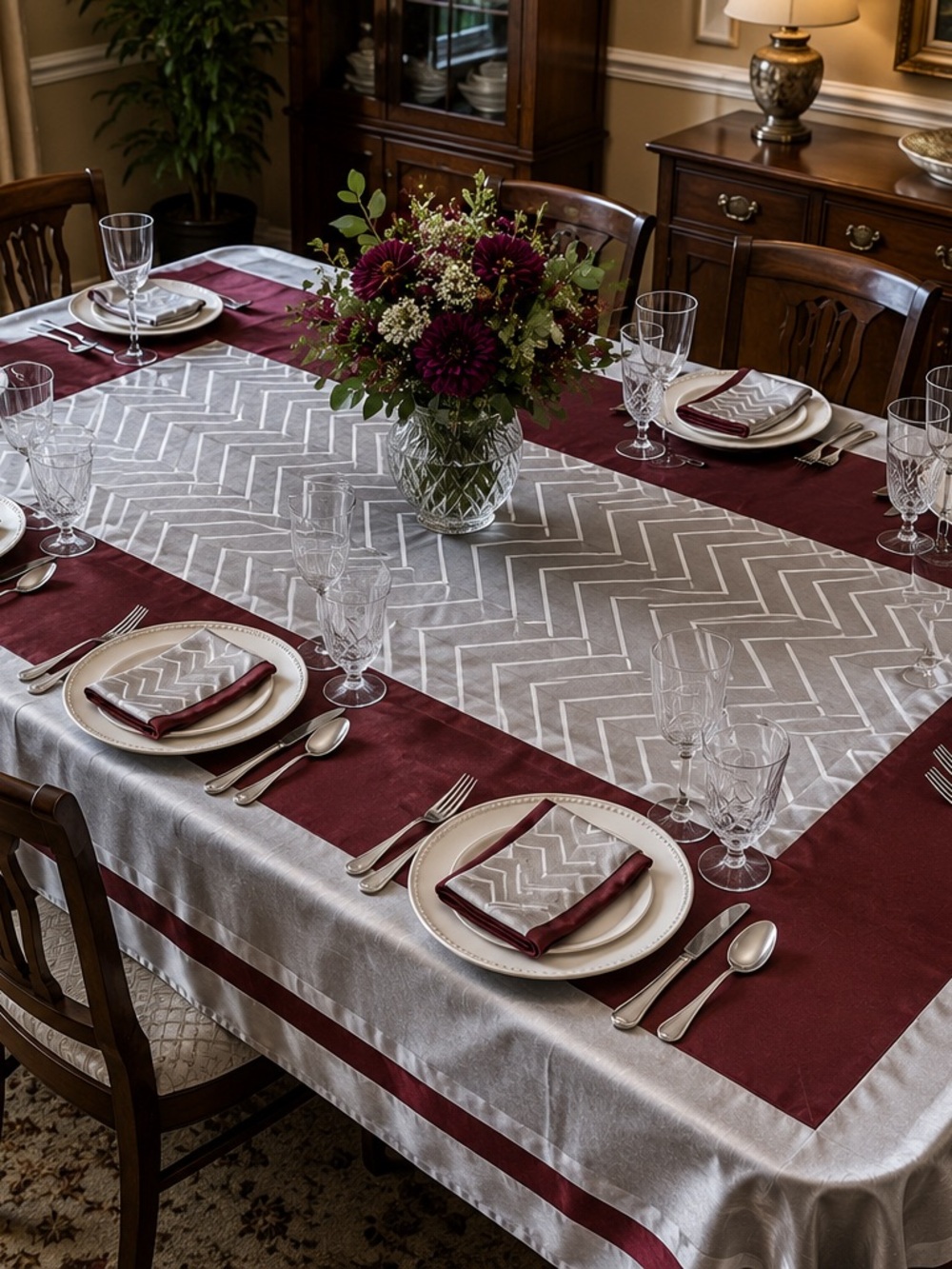 Vintage 1960s Burgundy Silver Geometric Tablecloth 109x69 + 8 Napkins